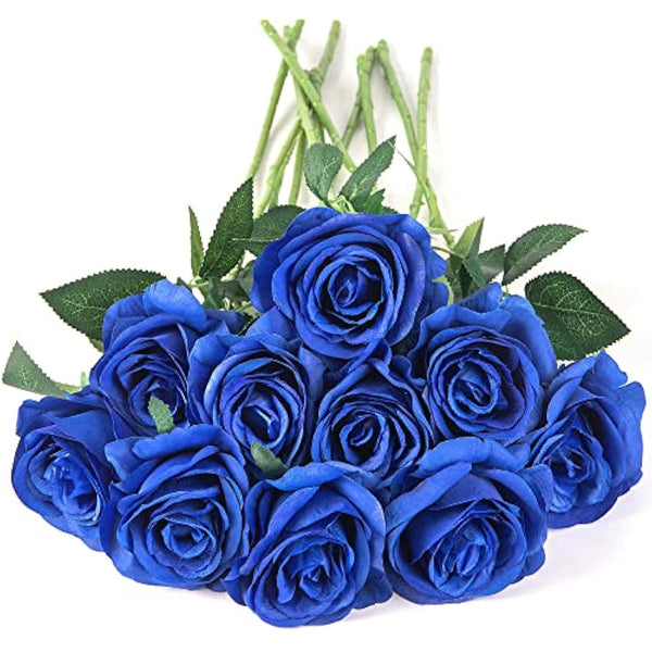 Flojery 10pcs Royal Blue Silk Roses Artificial Rose Flowers Long Stem for DIY Wedding Bouquet Table Centerpiece Home Decor (Royal Blue)