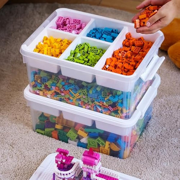 Citylife 16L Storage Boxes with Lids, Plastic Craft storage Box, Removable Tray, Latch Handle, Stackable Storage Box with Compartments for Toy, Tool, Sewing