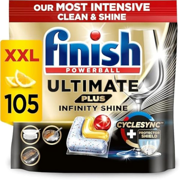 Finish Ultimate Plus Infinity Shine Dishwasher Tablets Bulk | Scent : Lemon | Size: 105 Dishwasher Tabs |for Superb Clean and Diamond Shine