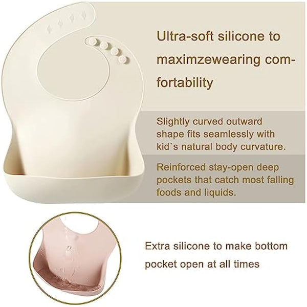 PandaEar 3 Pack Silicone Bibs for Babies & Toddlers, Waterproof Baby Bibs 6-12-18 months for Weaning, BPA Free Adjustable Baby Feeding Bib with Large Pocket Food Catcher