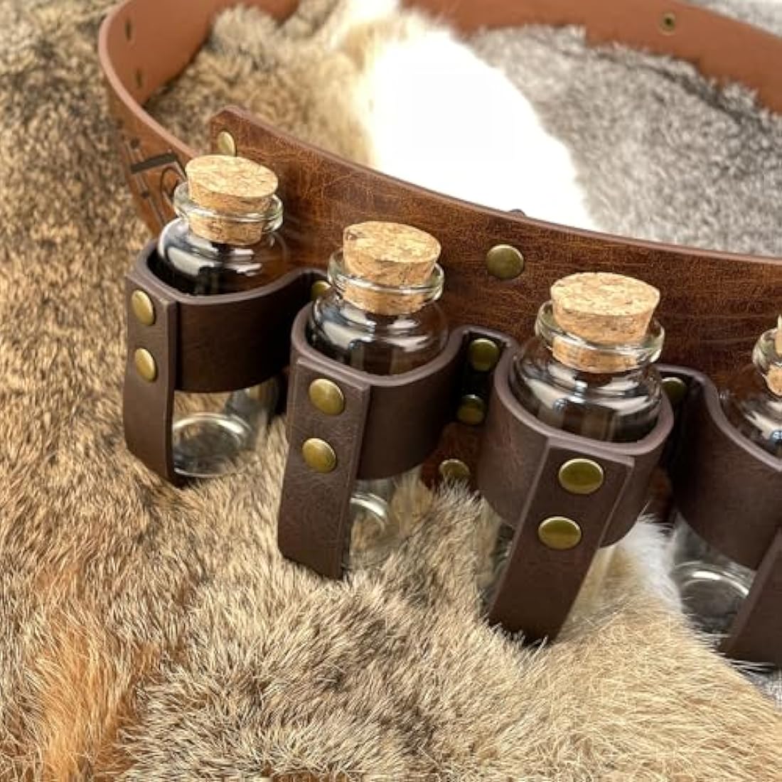 EpicCos 3 PCs Medieval Alchemy Belt Waist Pack Combo with Multiple Potion Bottles, Viking Rivet Belt Side Pouch for Cosplay (Brown C)
