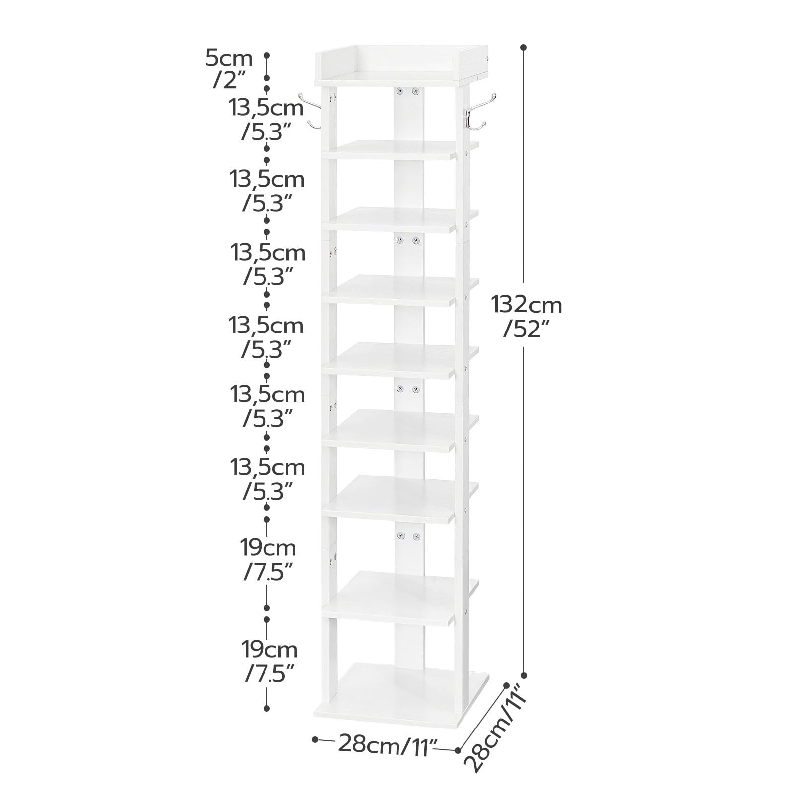 HOOBRO Narrow Shoe Rack, 9-Tier Tall Shoe Rack, Wooden Shoe Storage Organizer with 2 Hooks, Slim Shoe Shelf, Vertical Shoe Tower for Entrance, Living