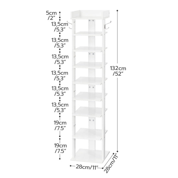 HOOBRO Narrow Shoe Rack, 9-Tier Tall Shoe Rack, Wooden Shoe Storage Organizer with 2 Hooks, Slim Shoe Shelf, Vertical Shoe Tower for Entrance, Living