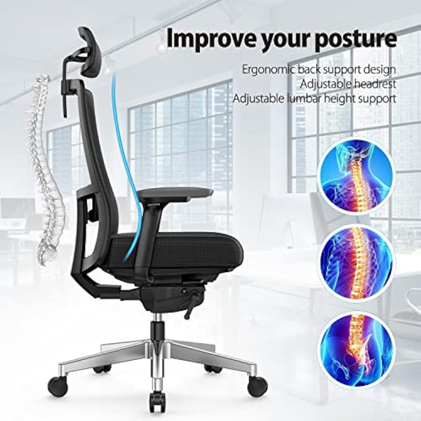 Duwinson Ergonomic Home Office Chair With 4-Way Adjustment Armrest, Mesh Computer Desk Chair, Reclining Adjustment Back Support, Adjustable Headrest, Padded Lumbar Support (Black-PI)