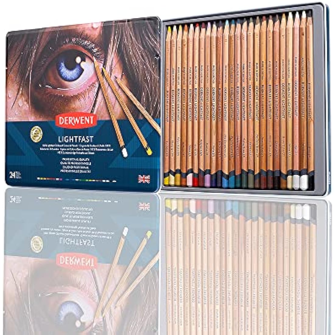 Derwent Lightfast Pencils Set Of 24 In Tin, 4mm Round Core, Premium Core Strength, Creamy Texture, Ideal For Fine Art Drawing & Colouring, Professional Quality, 2302720