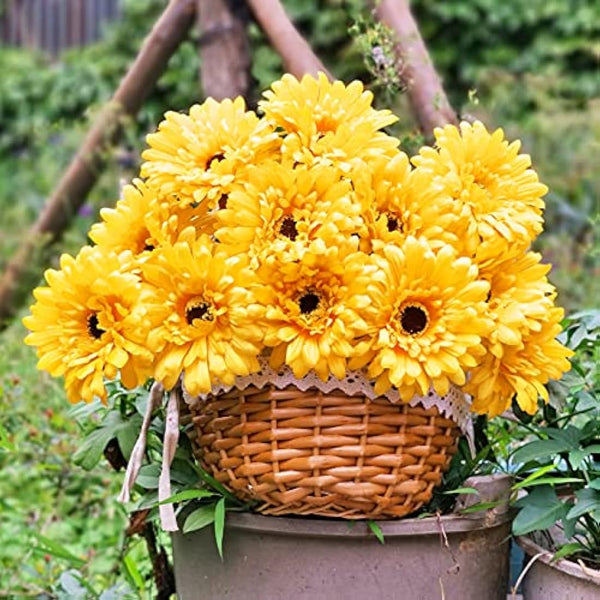 HASWITDA 12PCS Artificial Gerbera Flower Single Stem Bloom Bouquet Plastic Silk Fake Decorative Flora Outdoor Indoor Home Garden Office Hotel Wedding Party Yellow