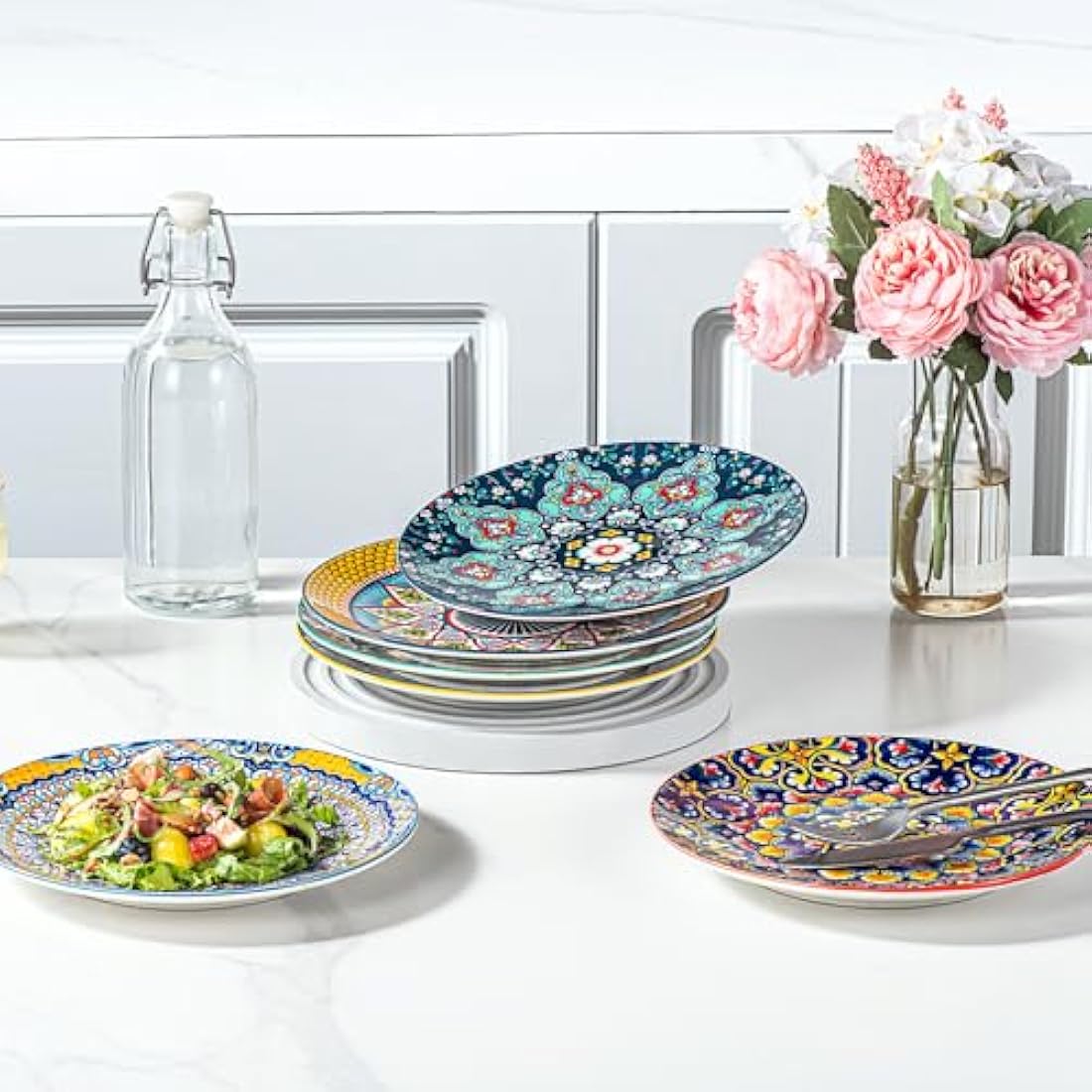 HENXFEN LEAD Salad Plate Porcelain, 21 cm Colourful Dessert Plates Ceramic Breakfast Plates, 6 Pieces Small Round Plate Set with Pattern and Colourful - Bohemian Style
