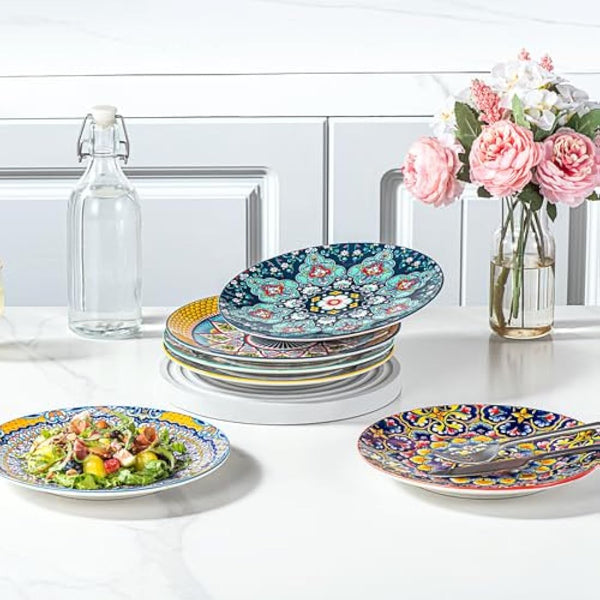 HENXFEN LEAD Salad Plate Porcelain, 21 cm Colourful Dessert Plates Ceramic Breakfast Plates, 6 Pieces Small Round Plate Set with Pattern and Colourful - Bohemian Style
