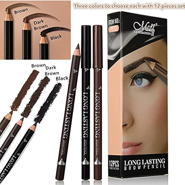 Go Ho 12 PCS Brown Eyebrow Eyeliner Pencil Set, Waterproof Eyebrow Pencil,Long-lasting Sweat-proof Eyeliner Makeup Brow Tint Pen（Dark Brown）