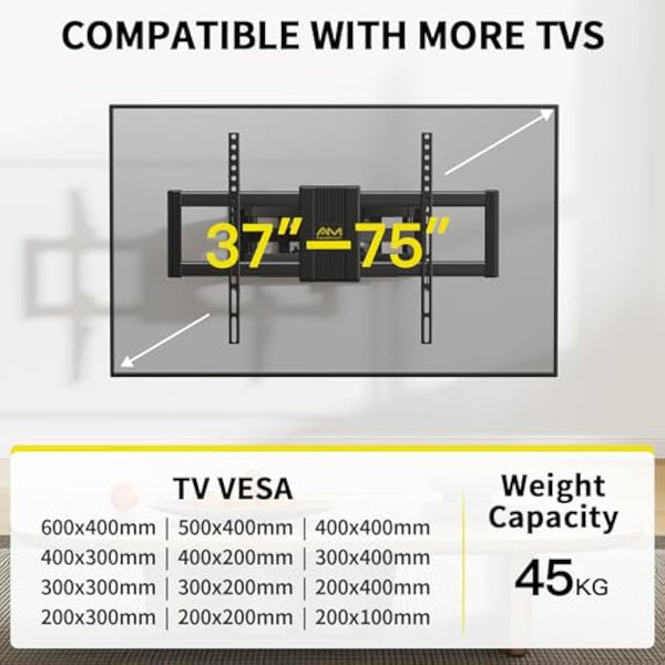 Alphamount TV Wall Bracket for Most 37 to 75 Inch 4K LED & OLED TVs up to 45kg, TV Bracket with Dual Articulating Arms, Swivel, Extension & Tilt, Wall Mount with Max VESA 600x400mm