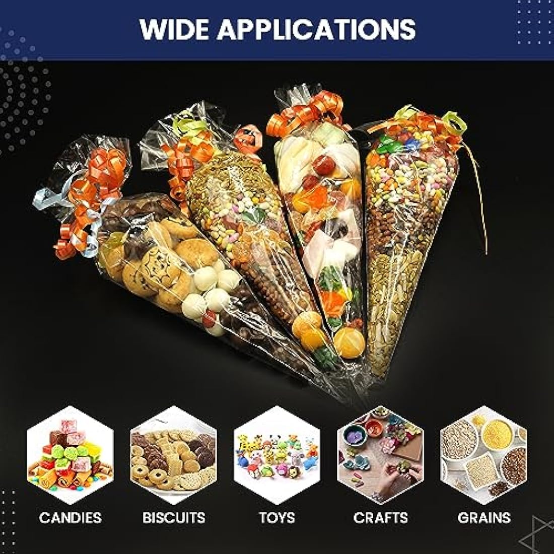 14x26cm Sweet Cone Bags with Twist Ties and Ribbons, 100Pcs Cellophane Crystal Clear Sweet bags, Triangle Sweet Party Cones Bags Perfect for Halloween, Christmas, Candies and many more