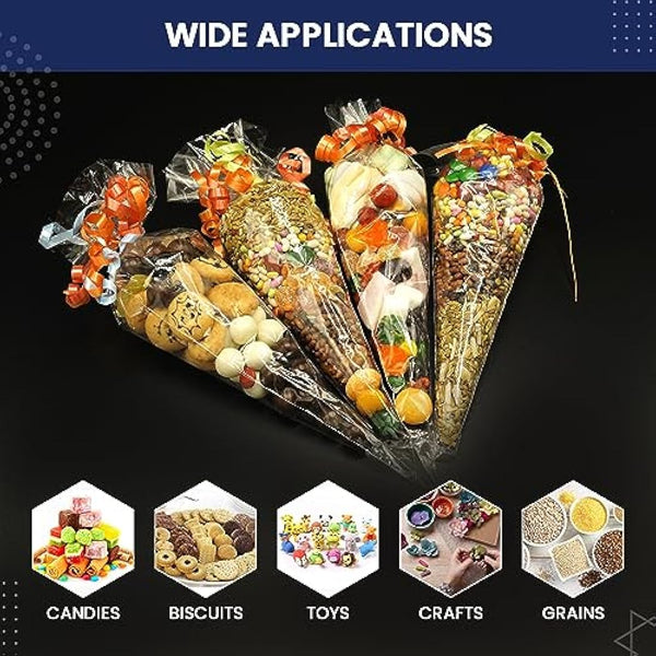 14x26cm Sweet Cone Bags with Twist Ties and Ribbons, 100Pcs Cellophane Crystal Clear Sweet bags, Triangle Sweet Party Cones Bags Perfect for Halloween, Christmas, Candies and many more