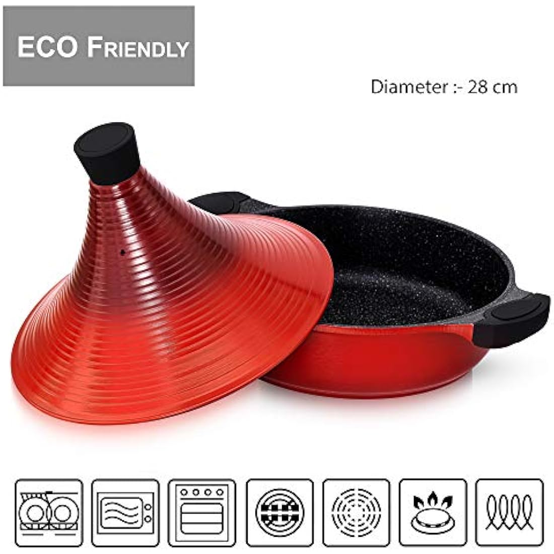 INTIGNIS® Tagine Cooking Pot | 28cm / 4.1 L | Large Casserole Dish | Nonstick Chemical Free Coating | Compatible with all Hobs | Traditional Moroccan Tender Slow Cook Tajin Pan (Red)