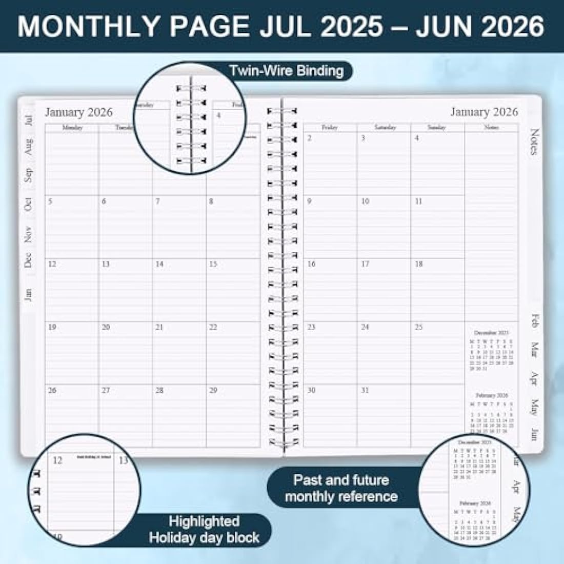 Diary 2025-2026, A5 Weekly/Monthly Planner with Monthly Tabs, 2025-2026 Planner from Jul 2025 to Jun 2026, Twin-Wire Binding,Easy to Organize Your Daily Life,14.8×21cm, Planners 2025-2026 Week to View