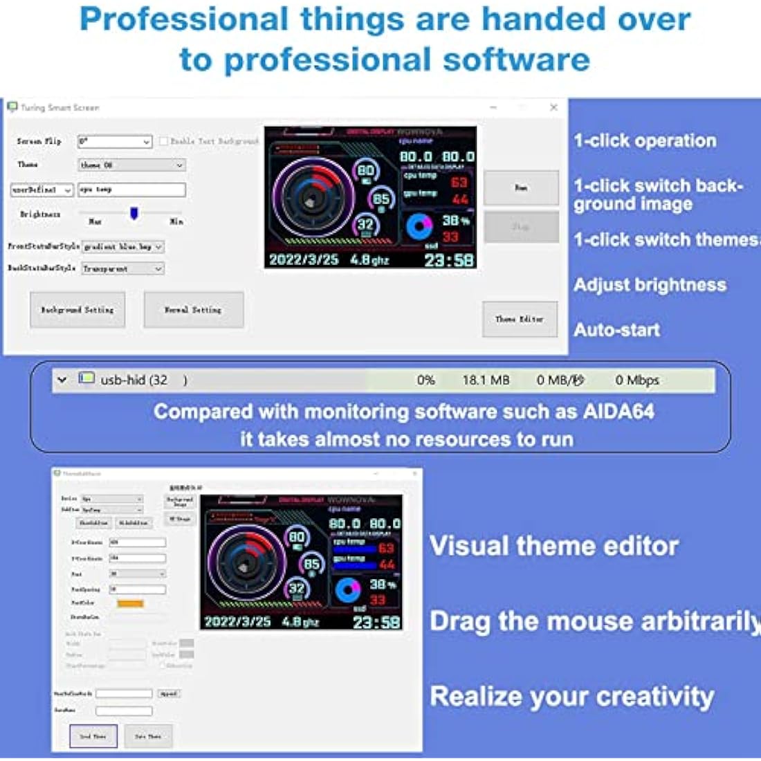 5in IPS Mini Screen, AIDA64 PC Sensor Panel Display, CPU RAM Data Monitor & Host Temperature Control Dynamic LCD