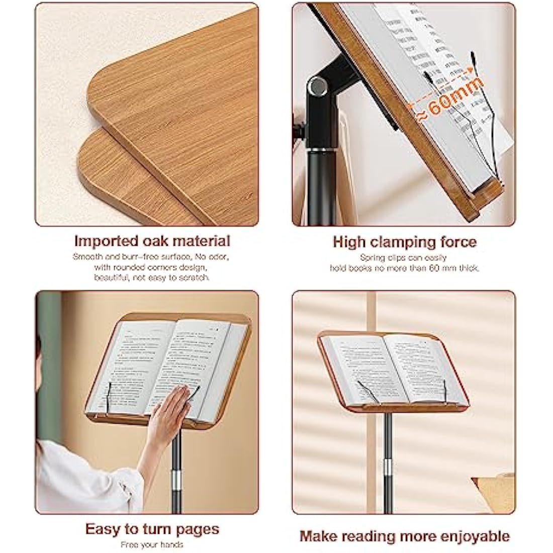 aleawol Wood Book Stand Adjustable Height and Angle, Cookbook Holder Reading Book Stand with Page Paper Clips, Wooden Tablet Holder Floor Book Stands for Reading Drawing