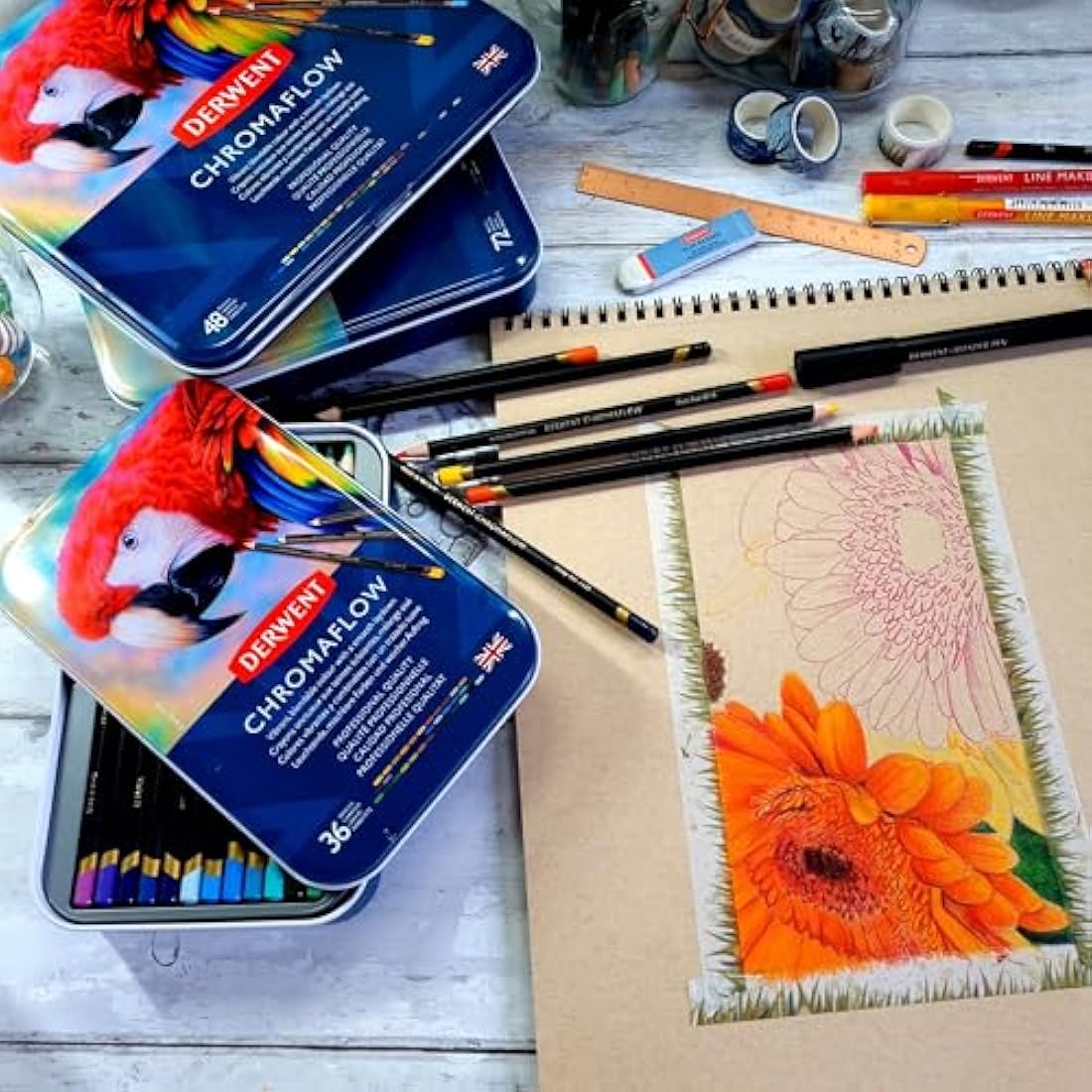 Derwent Chromaflow Pencils, Set of 48 in Tin, 3.5mm Round Core, Premium Core Strength, Blendable with Smooth Texture, Ideal for Drawing, Colouring & Layering, Professional Quality, 2306013