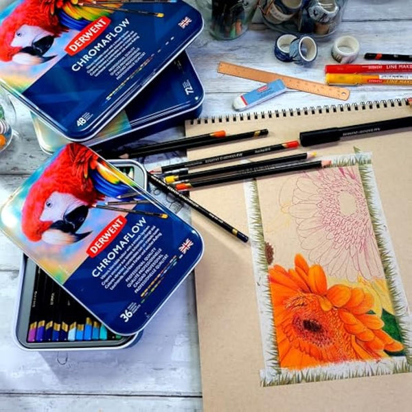 Derwent Chromaflow Pencils, Set of 48 in Tin, 3.5mm Round Core, Premium Core Strength, Blendable with Smooth Texture, Ideal for Drawing, Colouring & Layering, Professional Quality, 2306013