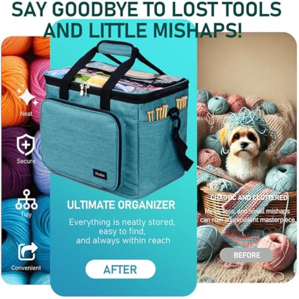 Hoshin Knitting Bag for Yarn Storage, Portable Crochet Tote Bag Yarn Organizer for Crochet Patterns and Hooks, Needles, Skeins of Yarn-Enjoy Knitting/Crocheting Anywhere(Green)