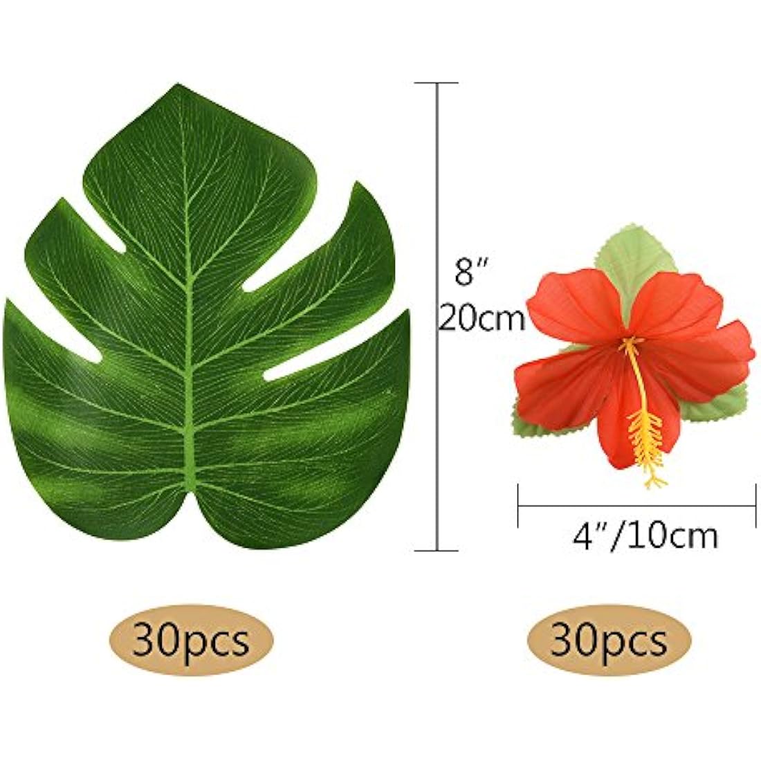KUUQA 60 Pcs Tropical Party Decoration Supplies 8" Tropical Palmtera Leaves and Hibiscus Flowers, Simulation Leaf for Hawaiian Luau Party Jungle Beach Theme Table Decorations