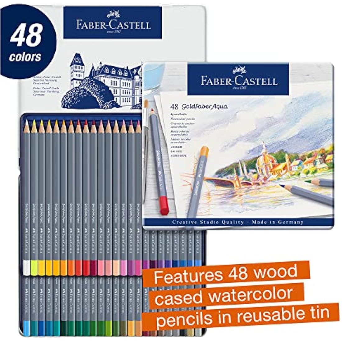 Faber-Castell Creative Studio Goldfaber Aqua Watercolour Pencil, Multicoloured (Multicoloured) Tin Of 48 Pencils, For Art, Craft, Drawing, Sketching, Home, School, University, Colouring