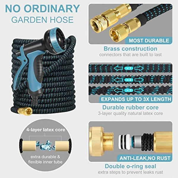 Expandable Garden Hose 100FT, Flexible Garden Hose Pipe with 10 Function Spray Gun, 3 Times Expanding Watering Hose Pipe with 3/4" 1/2" Brass Fitting Quick Connector for Garden Watering Cleaning