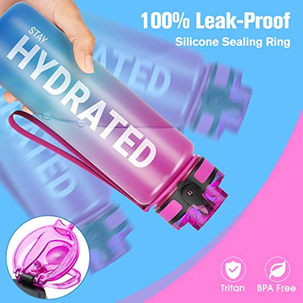 Sahara Sailor Leakproof Water Bottle 1L/500ML/750ML, Tritan BPA Free Motivational Sport Drinks Bottle with Clear Time Marker, Lock Cover, Easy Clean Brush, Durable for Gym, School, Cycling (1 Bottle)