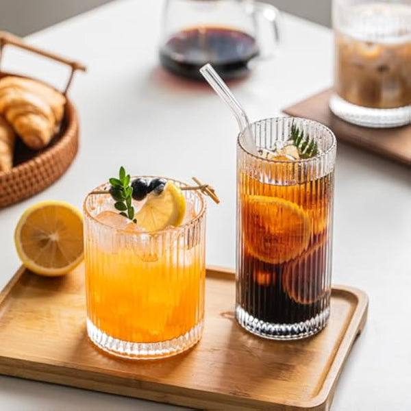 INSETLAN Ribbed Drinking Glasses Set of 6, 370ml Origami Design Ribbed Glassware, Highball Glasses for Juice, Water, and Cocktails, Perfect for Home, Restaurants, and Parties | Dishwasher Safe