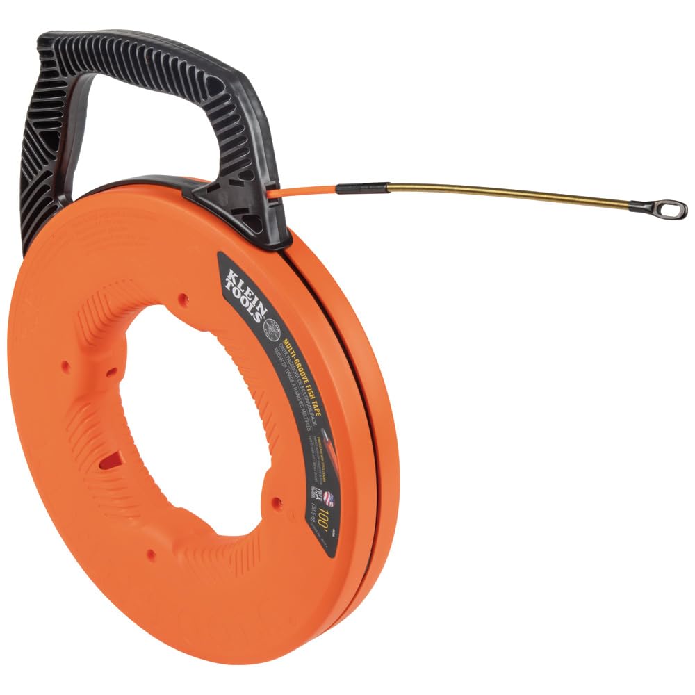 KLEIN TOOLS 56382 Fish Tape, Multi-Groove Fiberglass Wire Puller with Nylon Tip, Optimized Housing and Handle,Orange/Black, 15 m