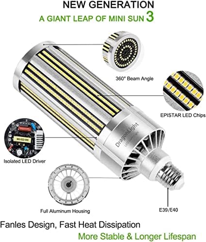 DragonLight 240W Commercial Grade Corn LED Light Bulb Fanless(1000 Watt Metal Halide/HID/HPS Replacement) E40 Large Mogul Base LED Lamp 5000K Daylight 32,400Lumen