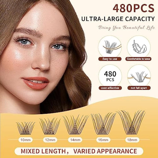 Individual Lashes 480 Cluster Lashes QUEWEL DIY Lash Extensions Kit, Eyelashes Applicator, Lash Cluster Glue Remover, Long-lasting Lash Glue and Overnightseal for Beginner to Apply(Natural D MIX)