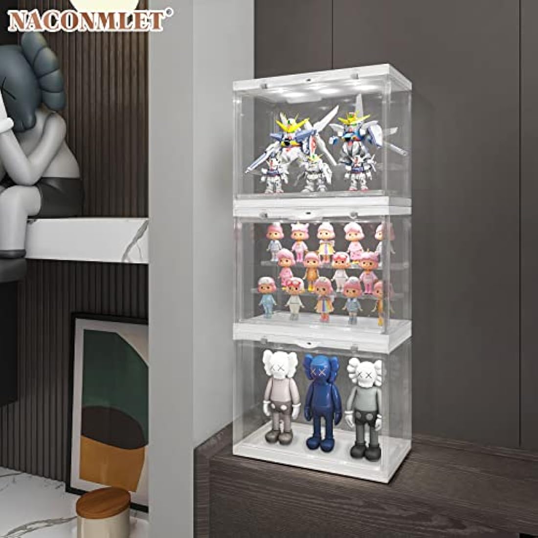 Clear Acrylic Display Case for Figures with Light,3-Tiered Display Stand Organizer Case Dustproof Showcase for Action Figures Mini Toys or Collectibles (Wood, 3-Tier 11.8"x6.7"x9"inch)