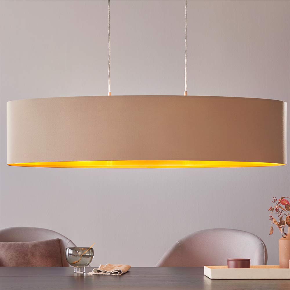 EGLO Maserlo 2-Flame Pendant Lamp, Matt Nickel Steel, Taupe and Gold Fabric Ceiling Light, Dining and Living Room Oval Hanging Lighting, E27 Socket, L