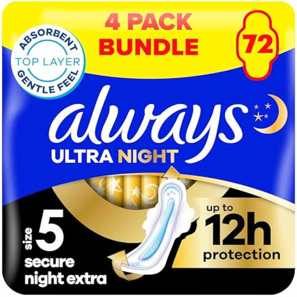 Always Ultra Sanitary Towels Secure Night Extra (Size 5) with Wings 18 Pads, Super Absorbent and Ultra Thin, for Menstrual Periods, Pack of 4