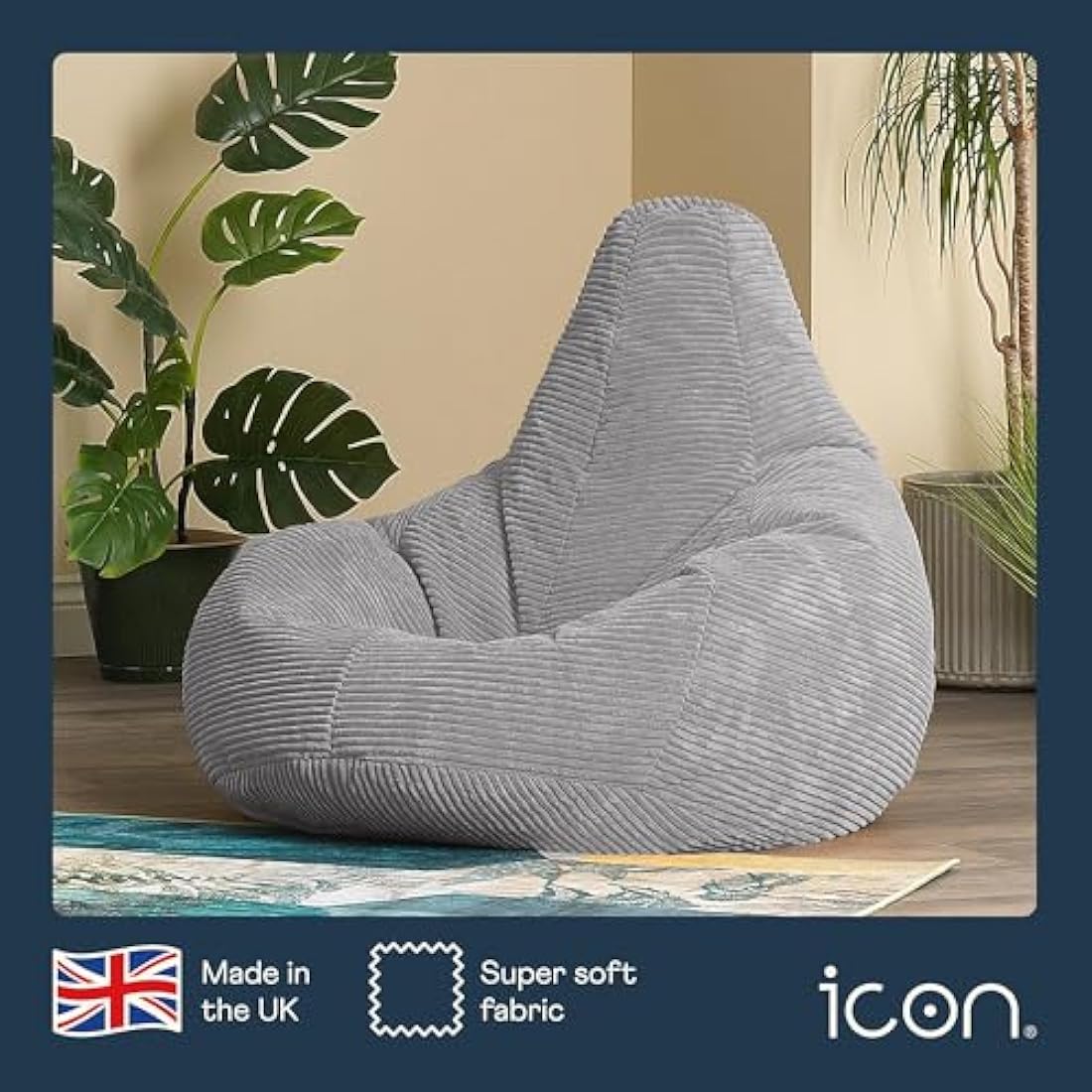 icon Dalton Cord Recliner Bean Bag, Grey, Large Adult Bean Bag Chair with Filling Included, Comfy Chair, Living Room Furniture, Bedroom Furniture