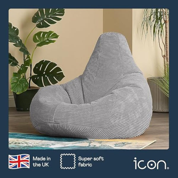 icon Dalton Cord Recliner Bean Bag, Grey, Large Adult Bean Bag Chair with Filling Included, Comfy Chair, Living Room Furniture, Bedroom Furniture