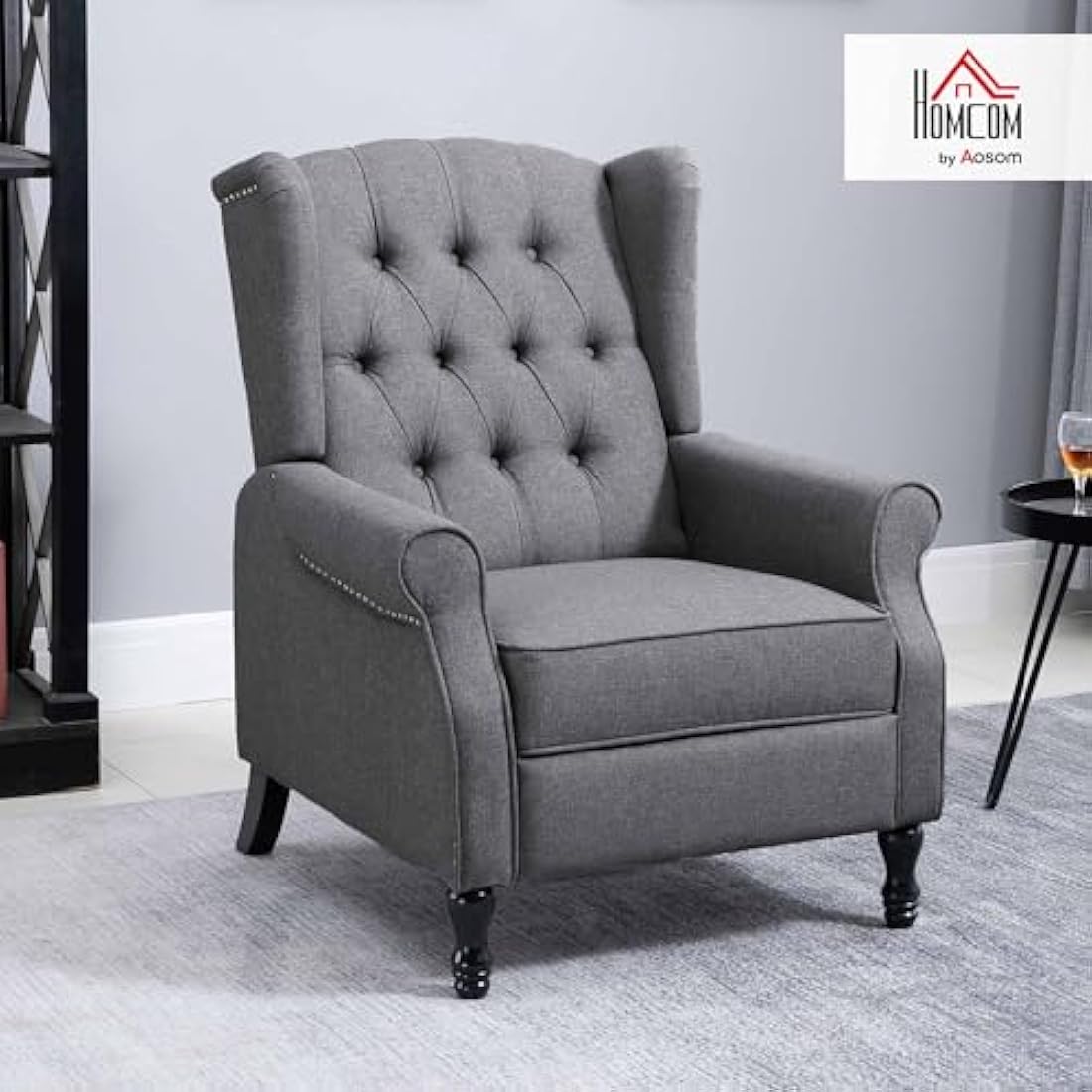 HOMCOM Recliner Armchair, Vintage Reclining Chair with Nail Head Trim, Wingback Chair with Button Tufted Back and Footrest, for Living Room, Light Grey