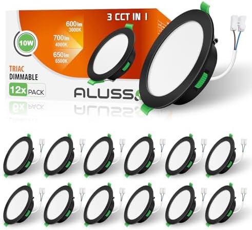 ALUSSO Ultra Slim 10W Dimmable LED Downlights, 700LM Recessed Ceiling Lights, 3000K-6500K Adjustable, 30MM Height, IP44 Rated for Bathroom, 12 Pack