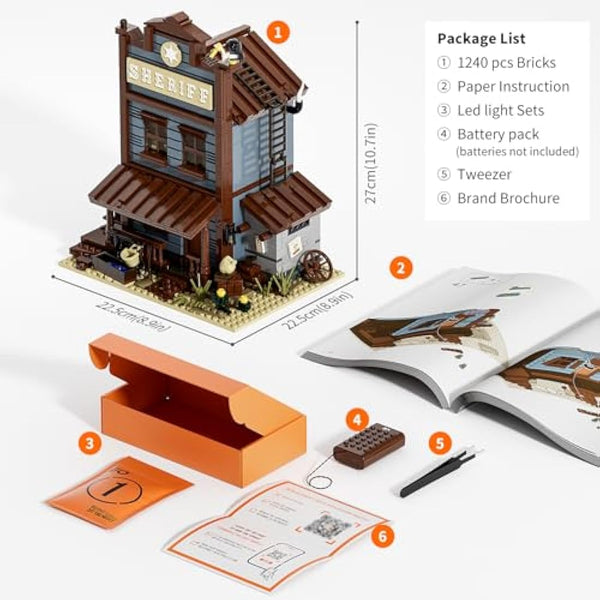 FUNWHOLE Old West Sheriff’s Office Lighting Building Bricks Set - Western Construction Modular Building Blocks Cowboy Wild West Collectible Toy Building Sets 1240 Pcs for Adults and Teen
