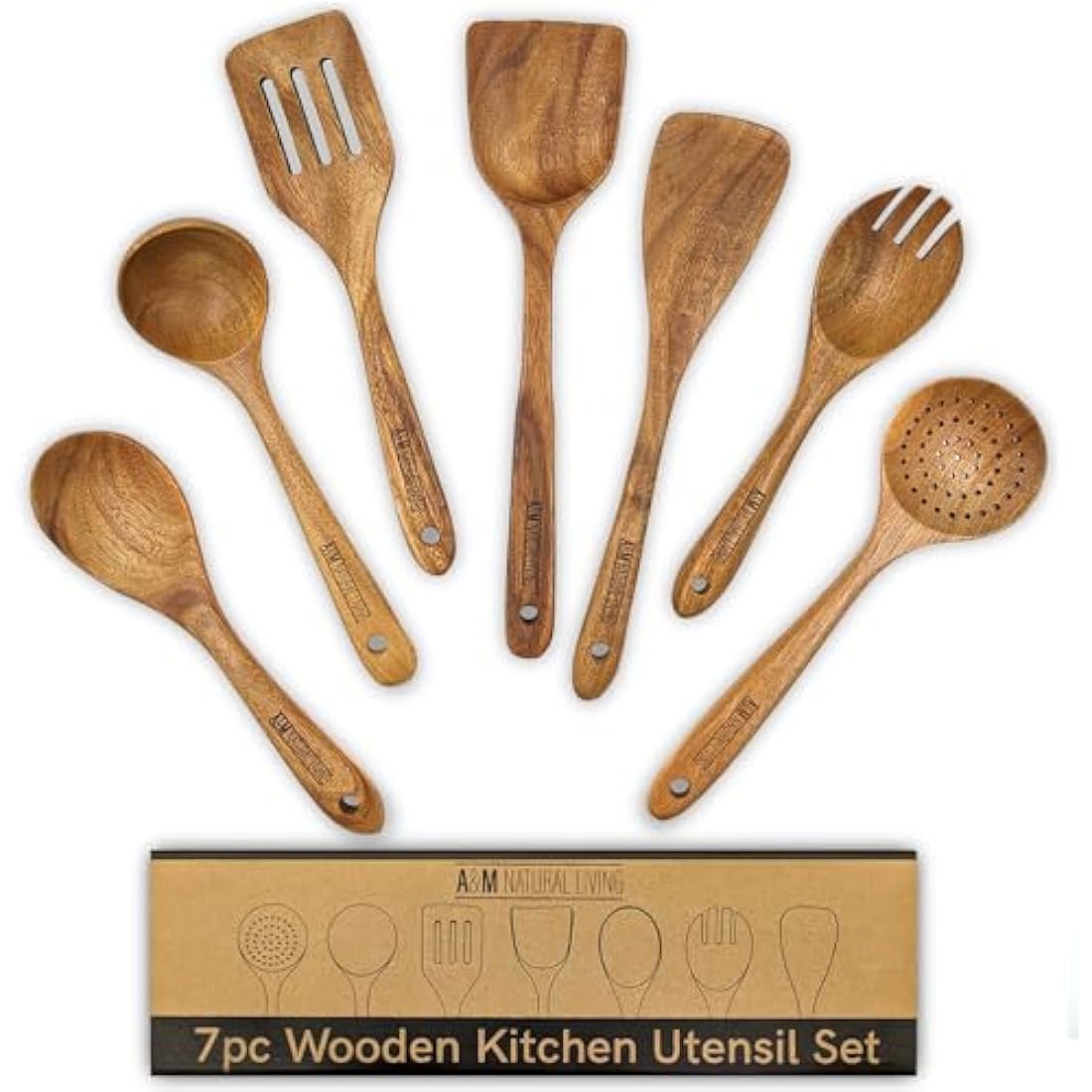 A&M Natural Living Wooden Kitchen Utensils Set of 7 for Cooking, Wooden Kitchen Utensils Including Wooden Spoons, Serving Spoon, Wooden Spatula Set, Wooden Spoons Cooking Kitchen Sets