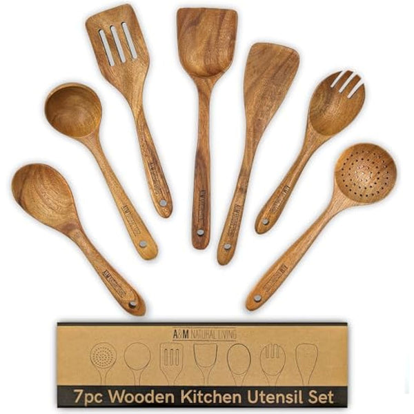 A&M Natural Living Wooden Kitchen Utensils Set of 7 for Cooking, Wooden Kitchen Utensils Including Wooden Spoons, Serving Spoon, Wooden Spatula Set, Wooden Spoons Cooking Kitchen Sets