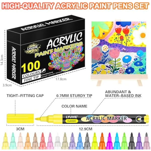 Lyuvie Acrylic Paint Pens,100 Colours Acrylic Pens for Rock Painting Fabric Glass Pebbles Stone Metal Wood Ceramic,Water-Based Permanent Paint Pens Markers with 0.7mm Extra Fine Tip