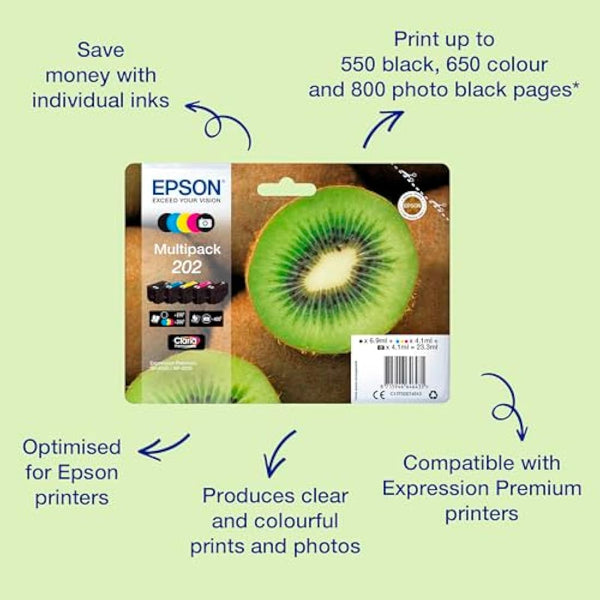 Epson 202 Kiwi Genuine Multipack, 5-colours Ink Cartridges, Claria Premium Ink, Black/Yellow/Magenta/Cyan, Standard Capacity