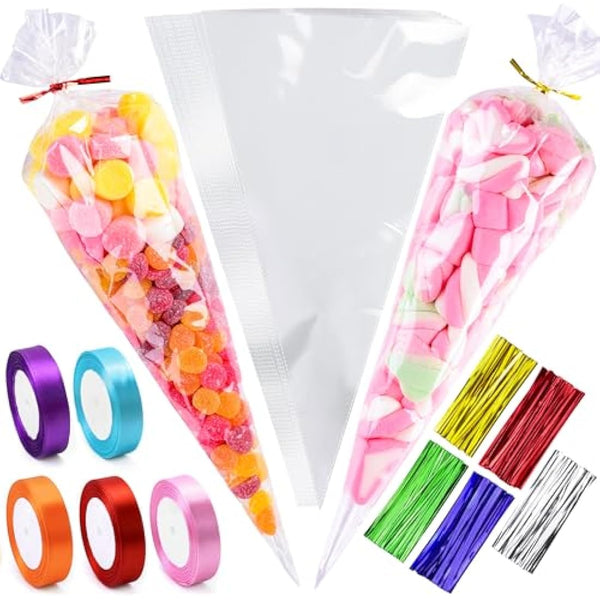 14x26cm Sweet Cone Bags with Twist Ties and Ribbons, 100Pcs Cellophane Crystal Clear Sweet bags, Triangle Sweet Party Cones Bags Perfect for Halloween, Christmas, Candies and many more