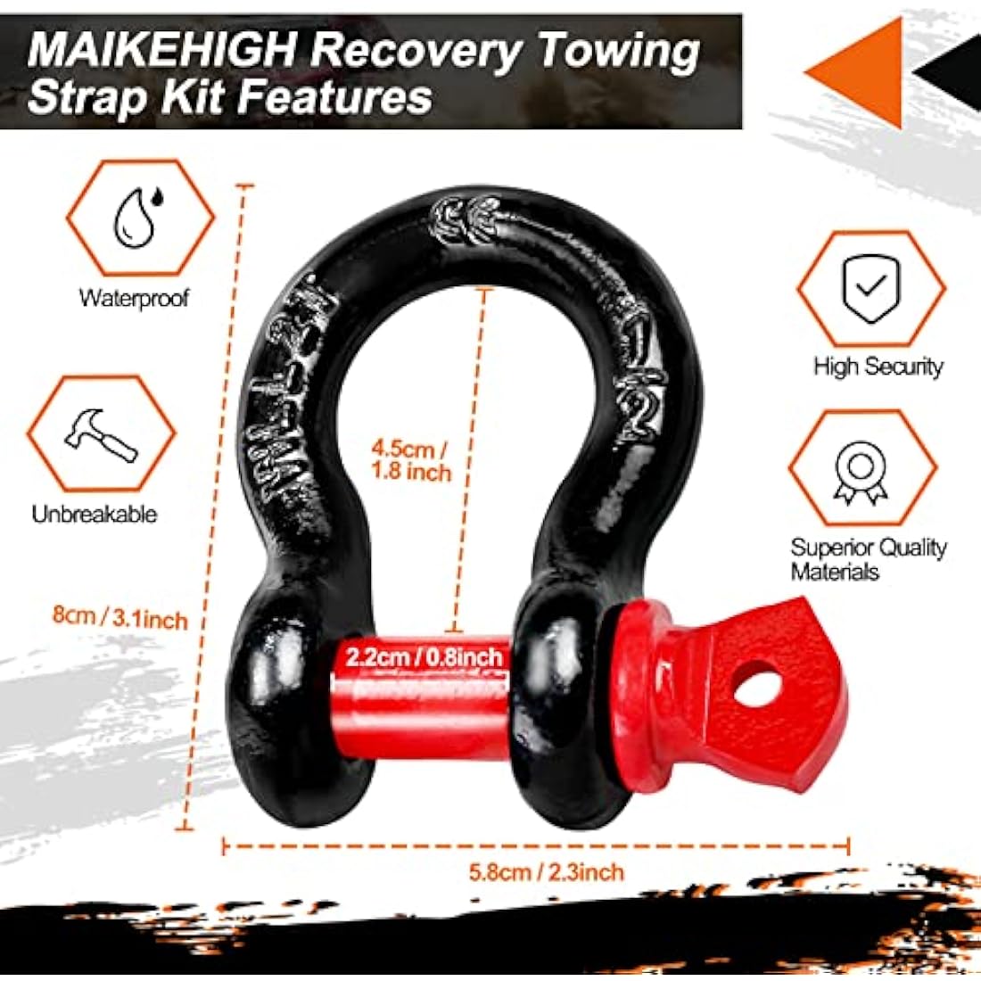 MAIKEHIGH Tow Rope 5M x 5cm,10 Ton (22,000 Lbs) Off-Road Recovery Tow Strap with 2 Anti-Proof Gloves, 2 Reinforced Shackles