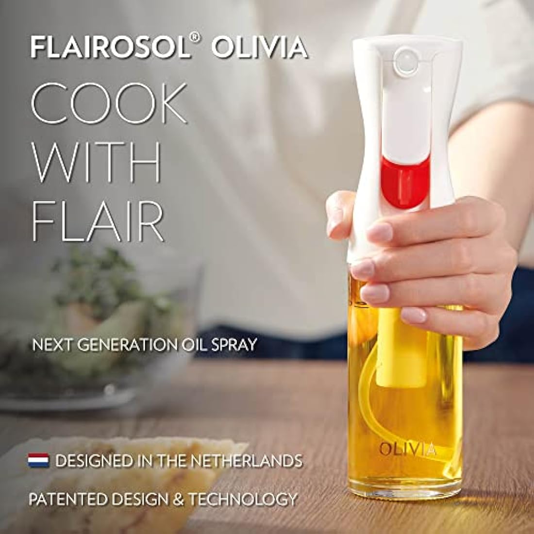 FLAIROSOL OLIVIA. The Original Advanced Oil Sprayer for Cooking, Salads, BBQs and More, Continuous Spray with Portion Control, Trusted by Chefs. Patented Technology (Glass Bottle) (Gold Print)