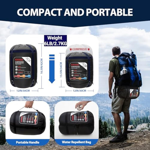 ETGLCOZY Sleeping Bags for Adults Kids, Ultralight Compact w/Compression Sack for Warm & Cold Weather Camping Essentials for Backpacking Hiking Travel Indoor - Unisex Boy Girl Man Woman