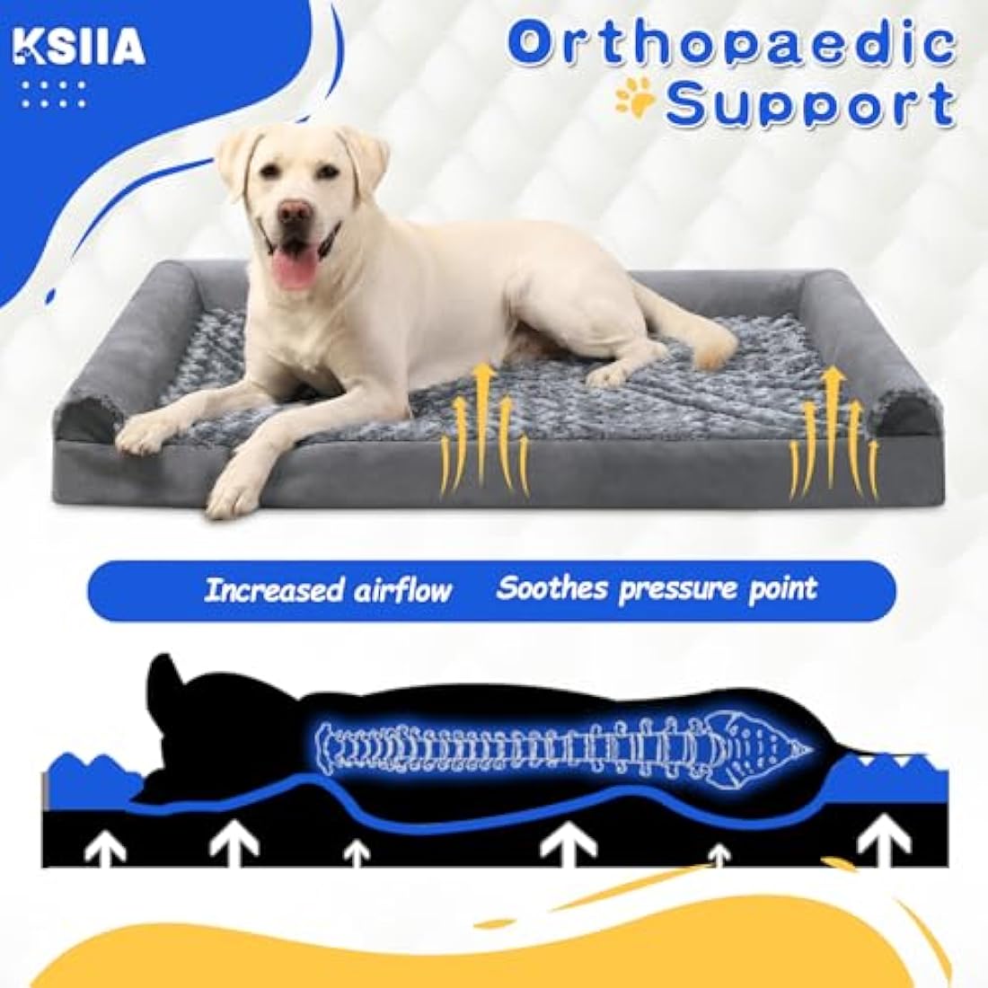 KSIIA Large Dog Bed, XL Orthopedic Dog Sofa Beds with Removable Washable Cover, Waterproof Pet Sofa with U-Shape Bolster, Grey 105x70x18cm