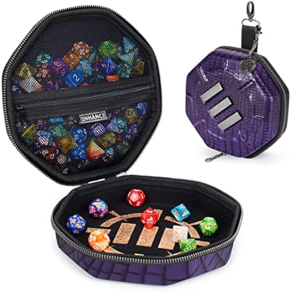 ENHANCE DND Dice Tray and Case - Collector's Edition DND Dice Holder up to 150 D&D Shakers with Hard Shell Exterior and Protective Soft Interior - Rolling Tray Perfect for Game Night (Dragon Purple)