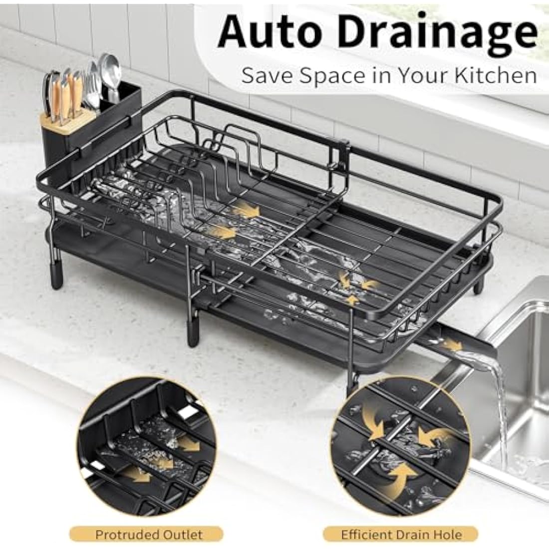 KINGRACK Expandable Dish Drainer Rack,Adjustable Dish Rack,Foldable Dish Drying Rack with Removable Cutlery Holder Swivel Drainage Spout,Anti-Rust Plate Rack for Kitchen 1 Piece